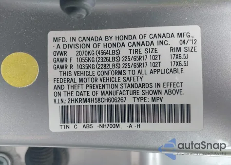 2012 Honda Cr-V Ex from USA, damaged, VIN 2HKRM4H58CH606267